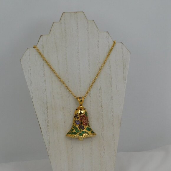 Bell Shaped Pendant Necklace Gold Tone Cloisonne Rhinestones Over 28" Long FLAW - Picture 3 of 6